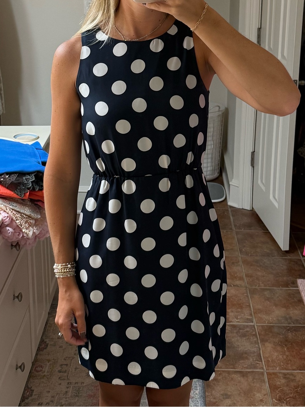 J. Crew Navy and White Polka Dot Sleeveless Dress